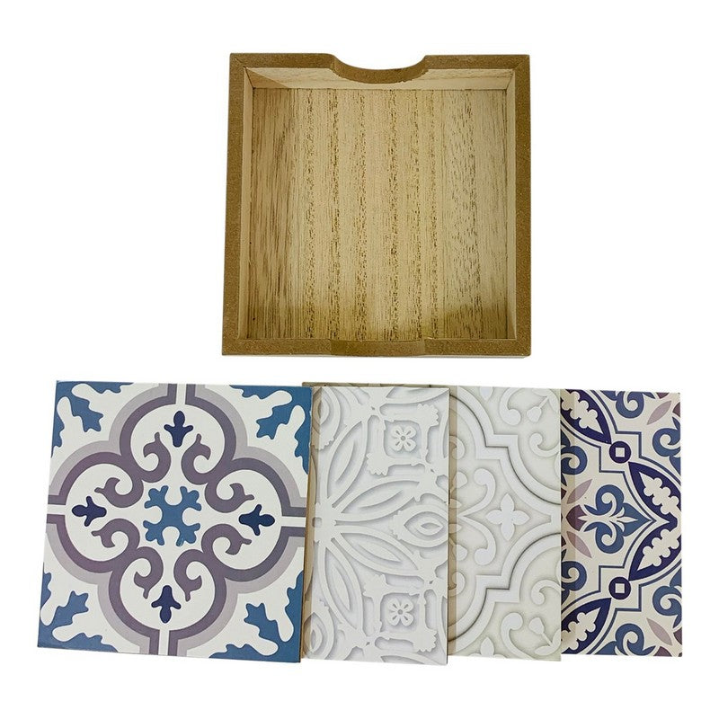 Scarthingwell 4x Coaster Wood Blue & White with Ornate Pattern - 10cm