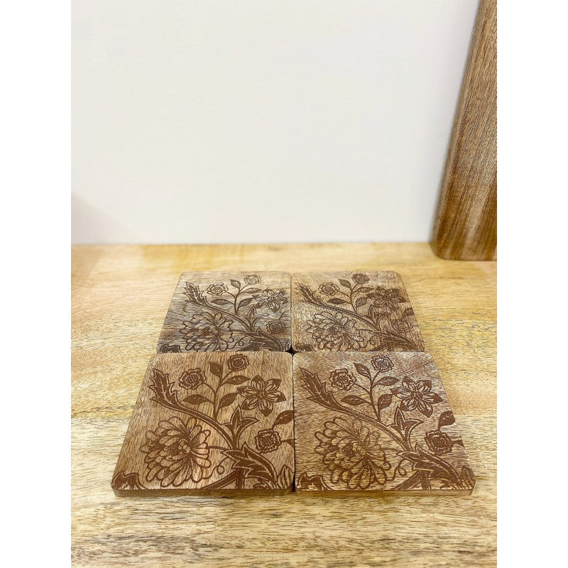 4x Sussex Flower Coaster Wood with Engraved Pattern - 10cm