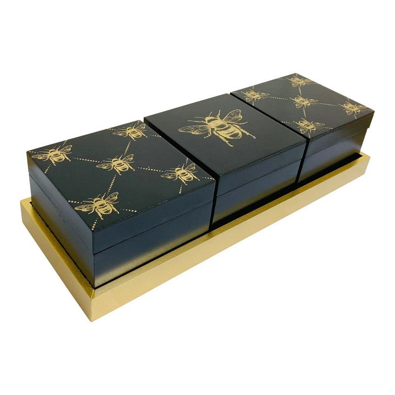 3 x Wood Jewellery Boxes 10cm - Black & Gold