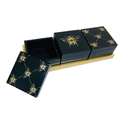 3 x Wood Jewellery Boxes 10cm - Black & Gold