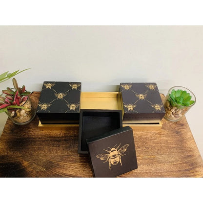 3 x Wood Jewellery Boxes 10cm - Black & Gold