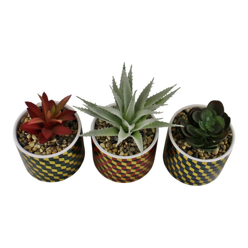 3x Faux Succulent Ceramic with Cubic Pattern - 15cm