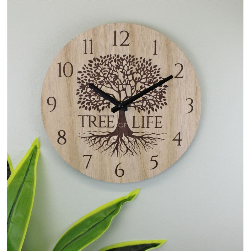 Scarthingwell Clock Wood with Tree of Life Pattern Wall Mounted Battery Powered - 30cm