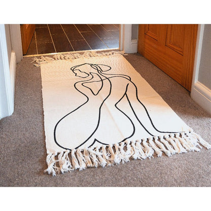 2x Rug Cotton White with Woman Silhouette Pattern - 90cm