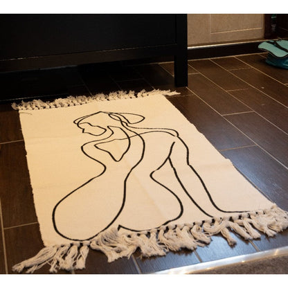 2x Rug Cotton White with Woman Silhouette Pattern - 90cm