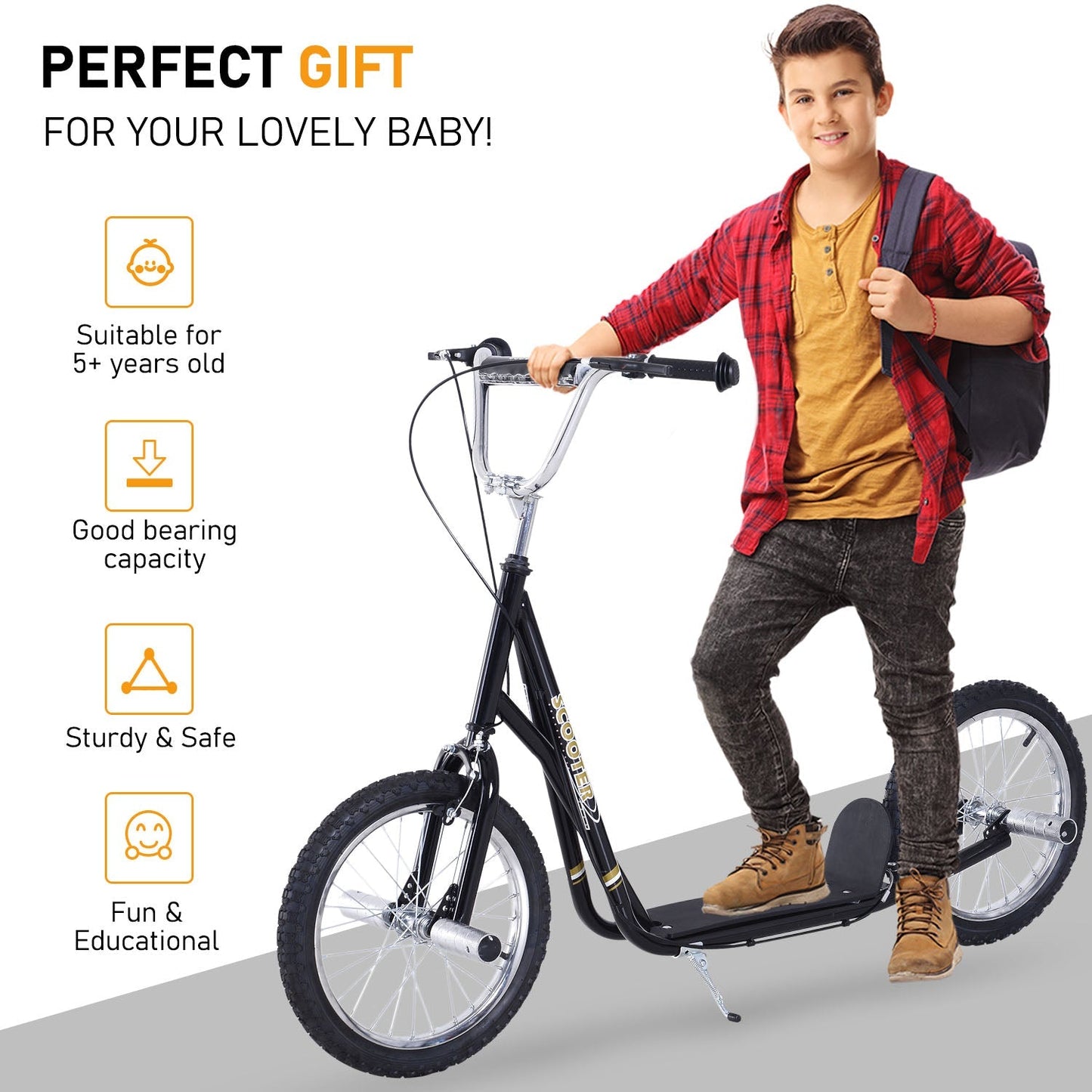 Teen Push Scooter Kids Children Stunt Scooter for 5+ Years with 16 Inches Wheels Adjustable Height Front Rear Dual Brakes