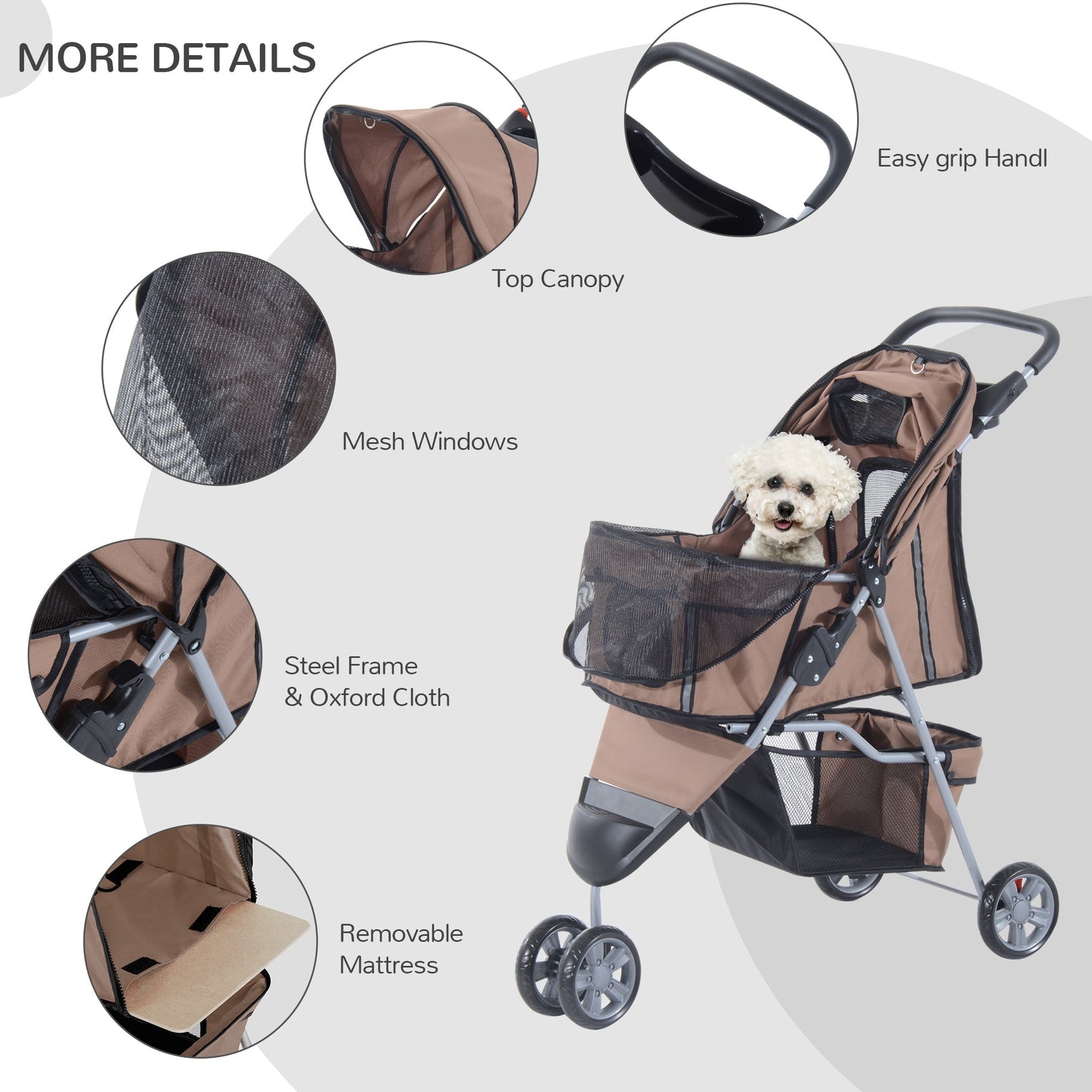 PawHut Pet Travel Stroller Cat Dog Pushchair Trolley Puppy Jogger Carrier Three Wheels for Small Miniature DogsCoffee