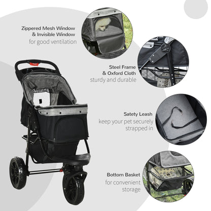 PawHut Folding 3 Wheel Pet Stroller Pushchair Travel w/ Adjustable Canopy Storage Brake Grey