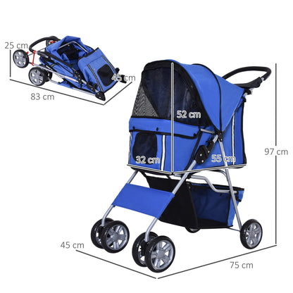 PawHut Pet Stroller for Small Miniature Dogs Cats Foldable Travel Carriage with Wheels Zipper Entry Cup Holder Storage Basket Blue