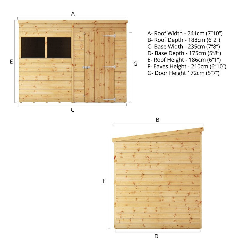 Essentials Mercia 7' 8" x 5' 8" Pent Shed - Premium Dip Treated Shiplap