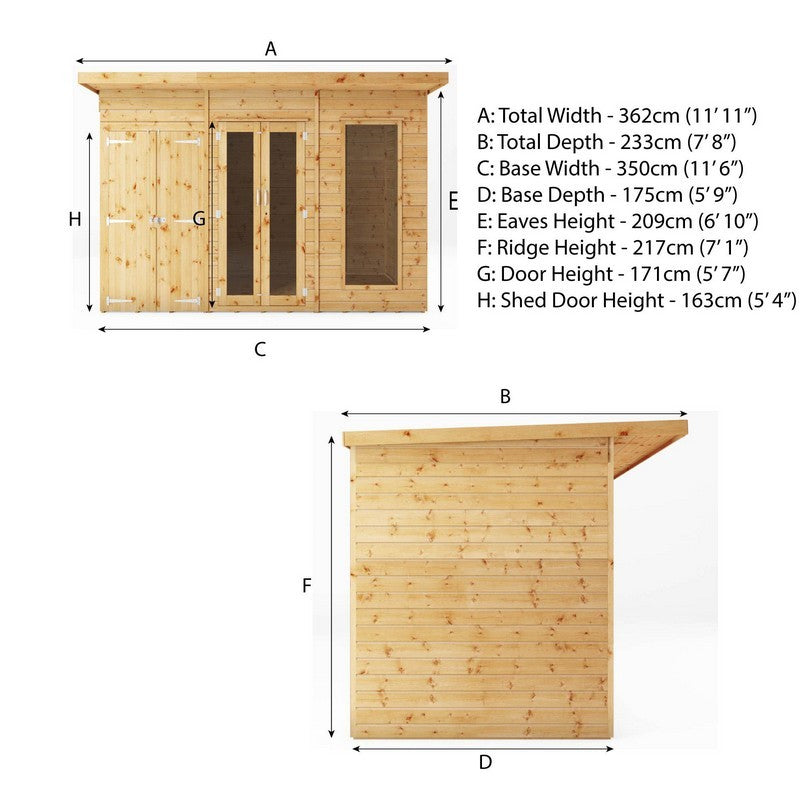 Mercia Mercia Maine 7' 7" x 11' 10" Pent Summerhouse with Side Shed - Classic 12mm Cladding Tongue & Groove