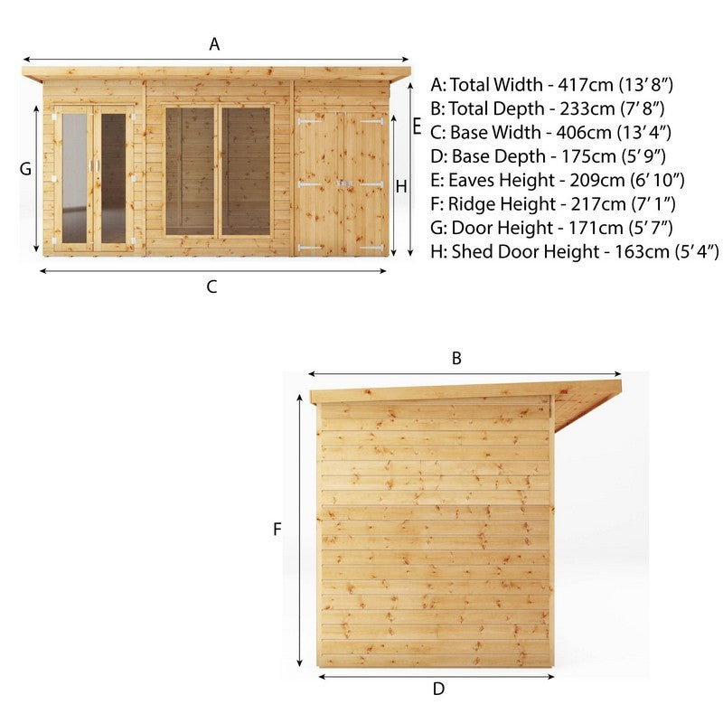 Mercia Mercia Maine 7' 7" x 13' 8" Pent Summerhouse with Side Shed - Classic 12mm Cladding Tongue & Groove