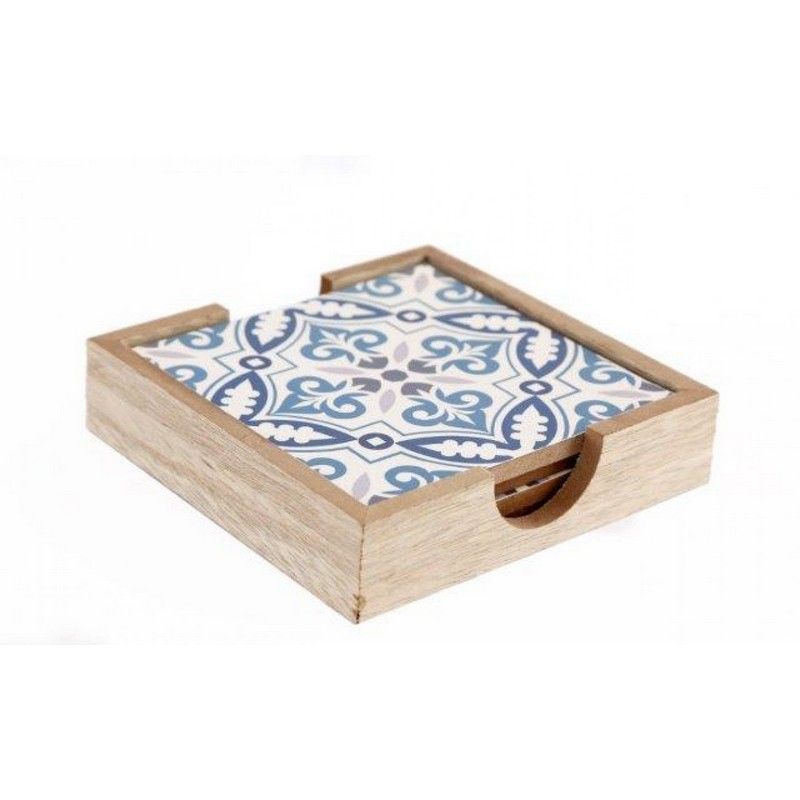 Scarthingwell 4x Coaster Wood Blue & White with Ornate Pattern - 10cm