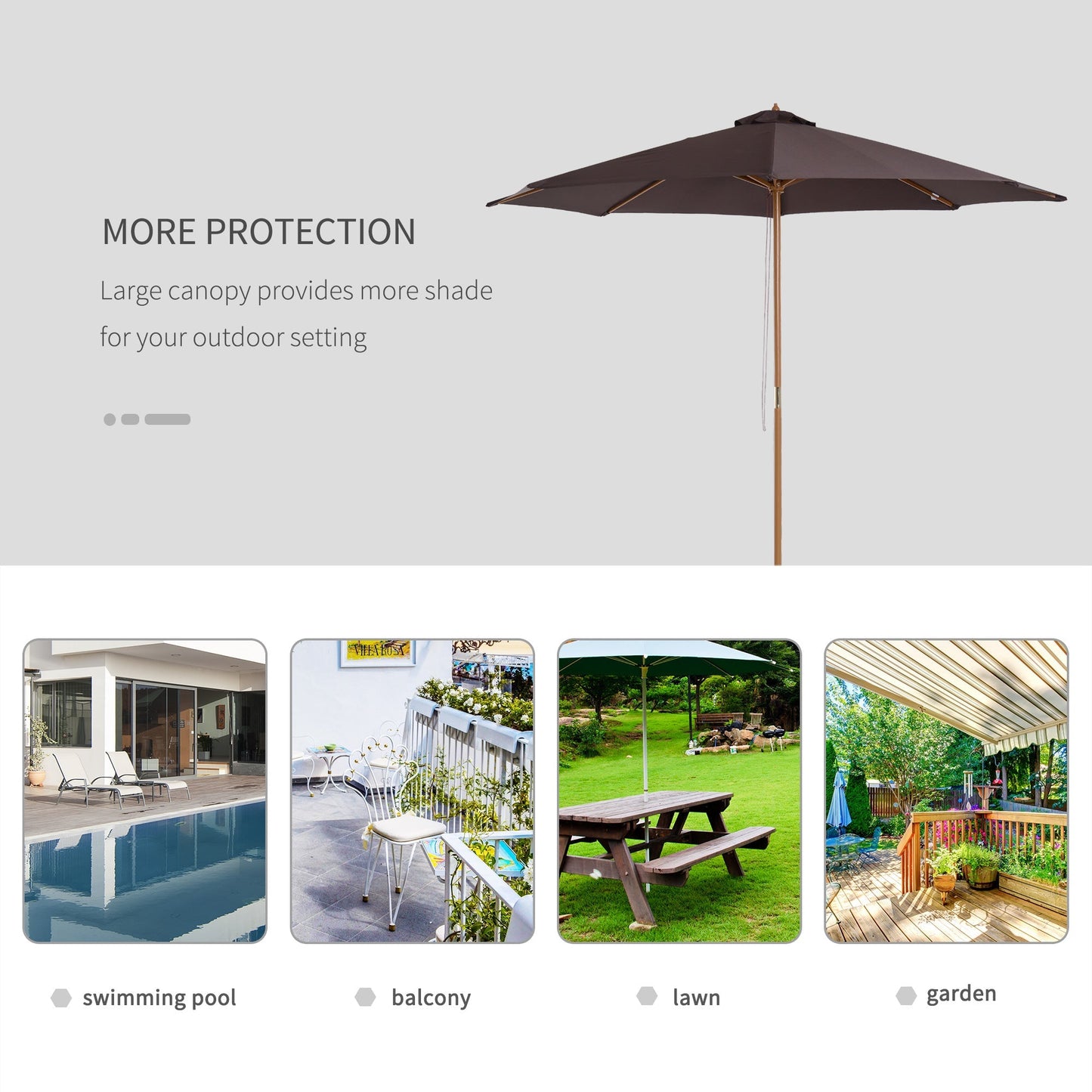 Outsunny 3(M) Fir Wooden Parasol Garden Umbrellas 8 Ribs Bamboo Sun Shade Patio Outdoor Umbrella Canopy Coffee