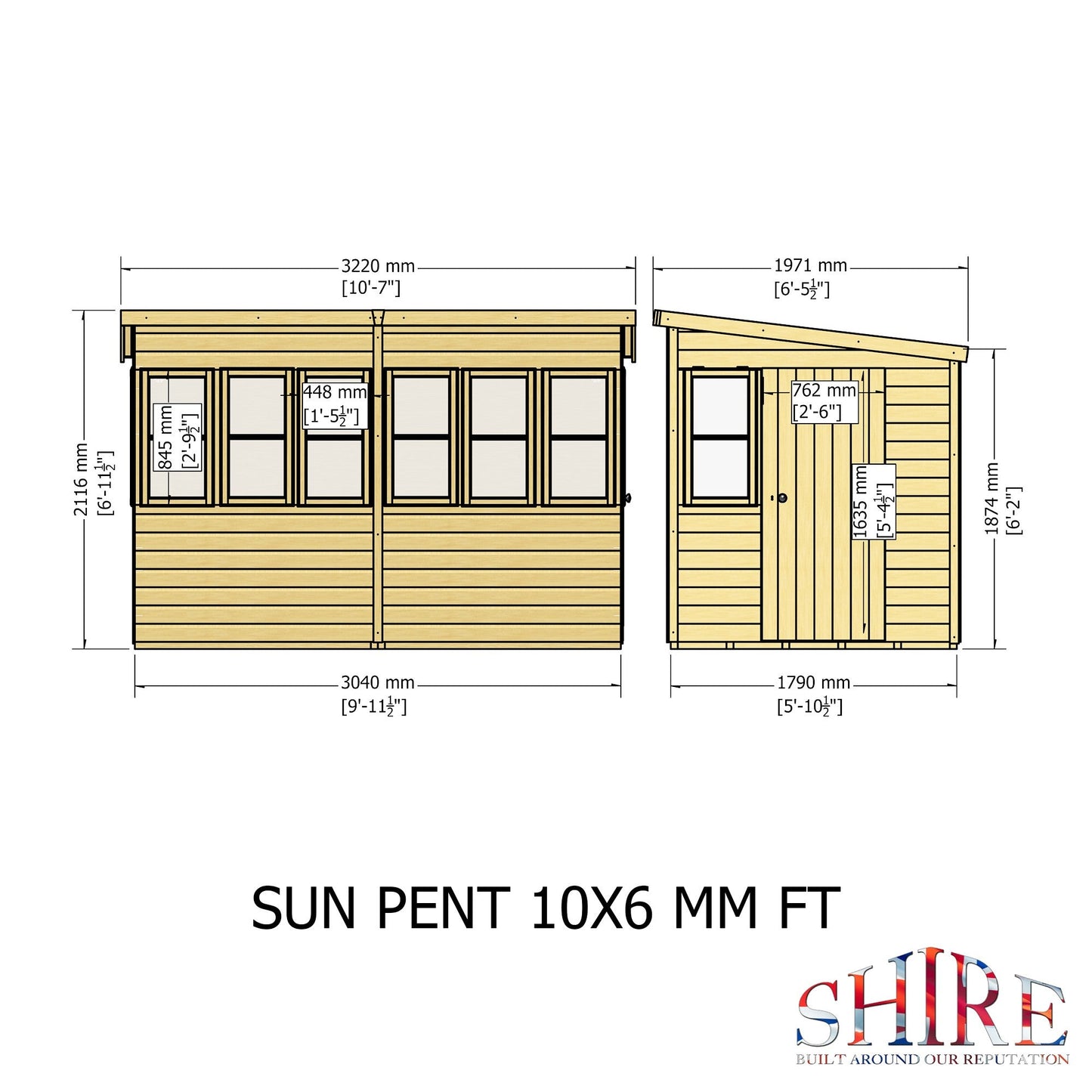 Shire Sun 10' 6" x 6' 4" Pent Potting Shed - Premium Dip Treated Shiplap