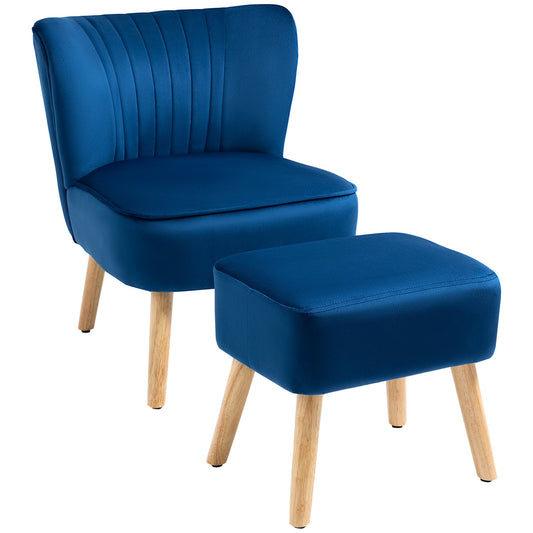 Velvet-Feel Tub Chair and Footstool - Blue