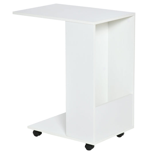 Mobile Sofa Side Table C-Shape End Table with Storage and Casters for Laptop Coffee Snack