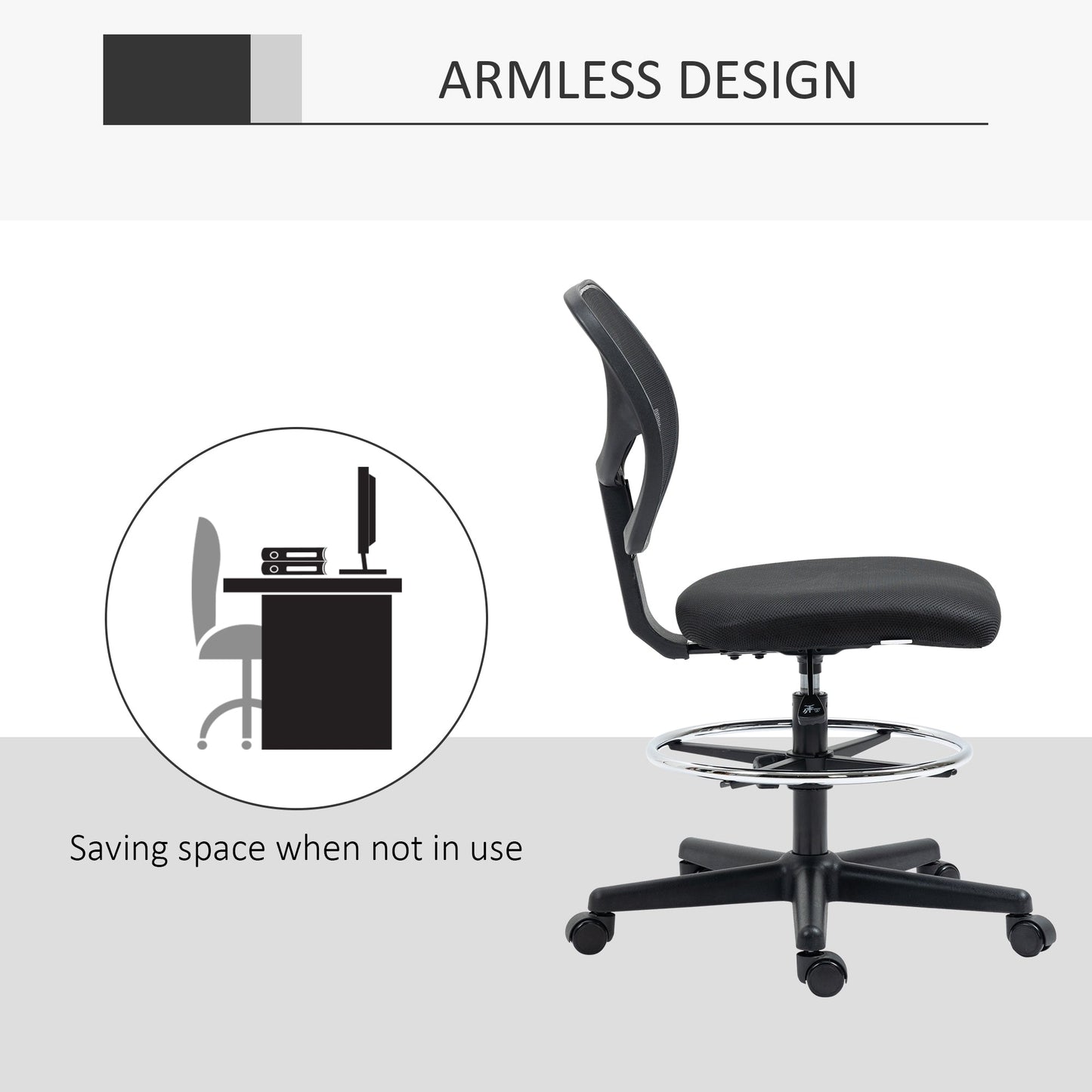 Vinsetto Ergonomic Mesh Standing Desk Chair with Adjustable Footrest Ring and Seat Height Black