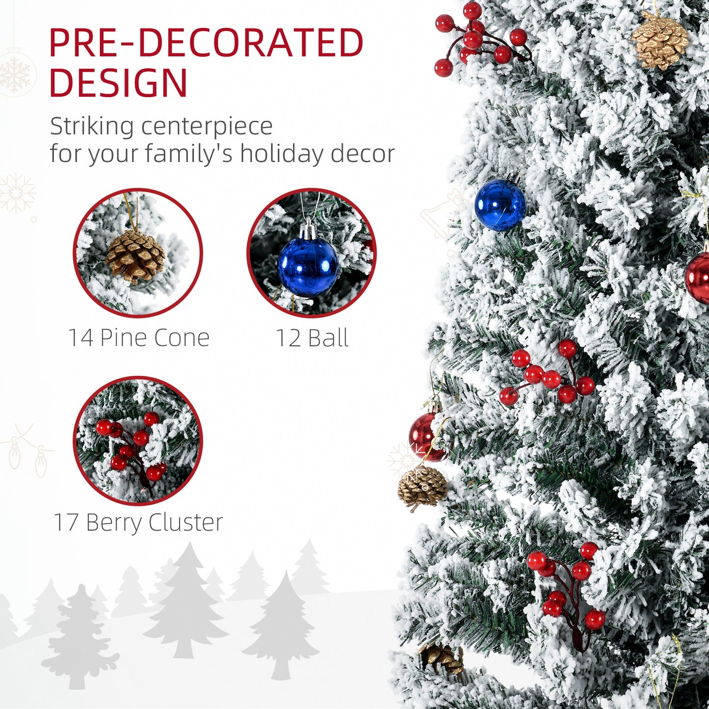 7ft Berries & Pinecones Christmas Tree Artificial - White Frosted Green with LED Lights Multicoloured 658 Tips