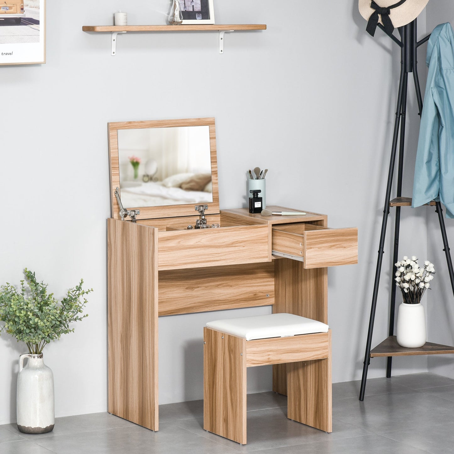 Chipboard Dressing Table Set Cushioned Stool Flip-up Mirror Drawer Wood Grain Colour