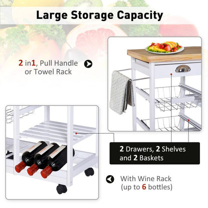 Rolling Kitchen Island Trolley Cart Drawer Shelves Basket Wheels W/ 6 Bottle Wine Rack White