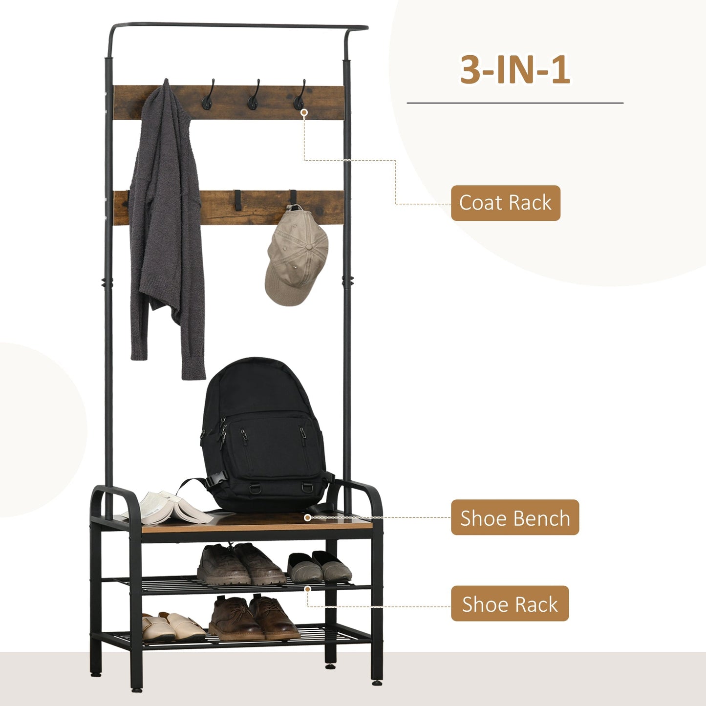 Coat Rack Stand Industrial hallway Shoe Rack Removable Hooks Metal Wood Hangers Storage Cabinet Rustic Brown 72L×34W×185Hcm