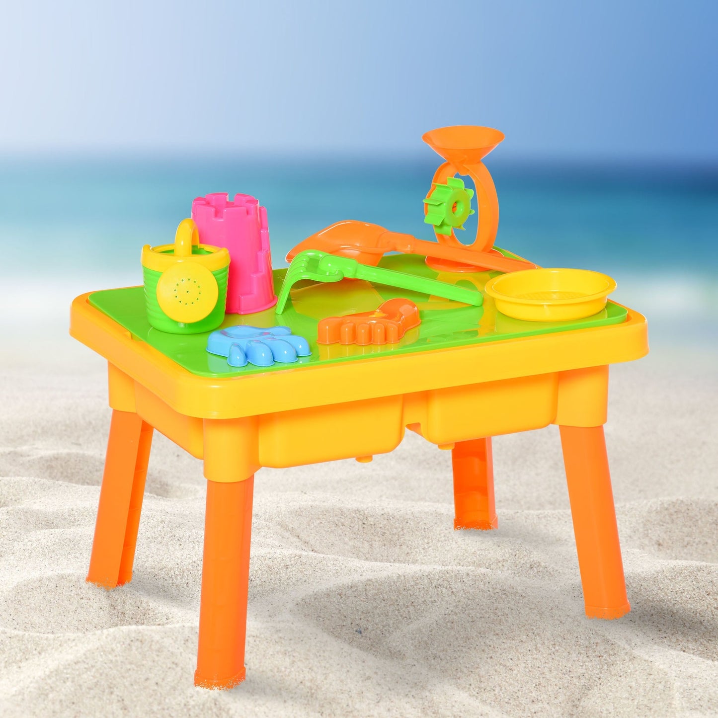 16-Piece Sand and Water Play Table Sand Pit Beach Toy Set 2 in 1 Outdoor Activities Playset with Lid and Accessories for 3 Years Old