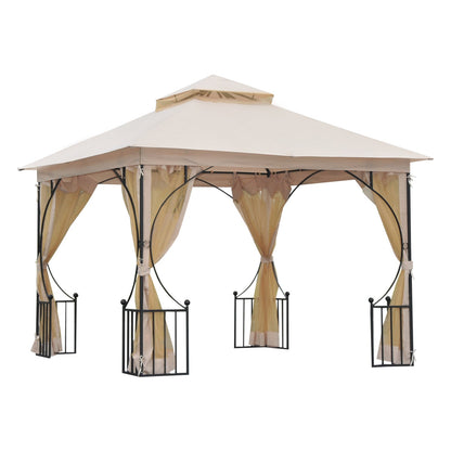 3 x 3M Garden Gazebo Patio Party Tent Shelter Outdoor Canopy Double Tier Sun Shade Metal Frame Netting Beige