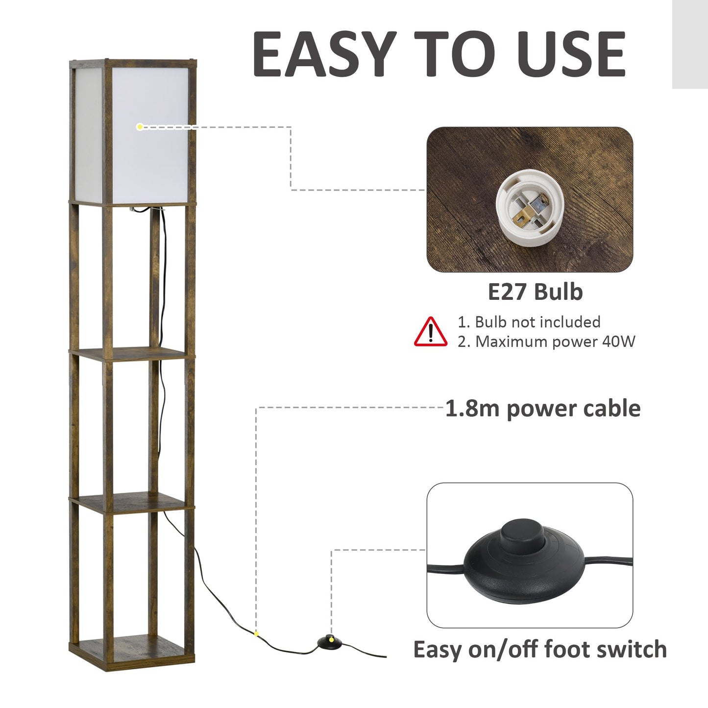 4-Tier Floor Lamp Standing Lamp with Storage Shelf for Home Office Dorm Brown