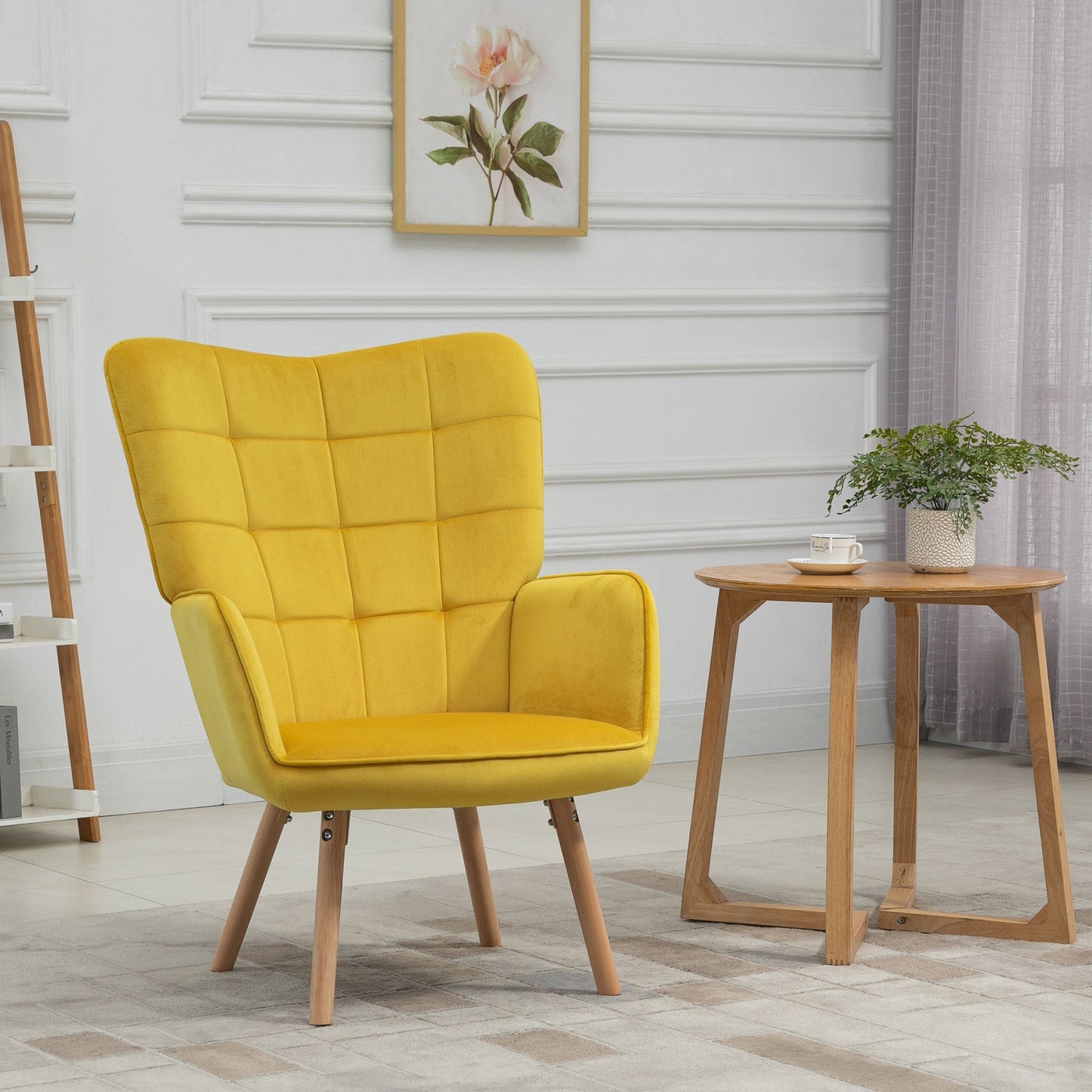 Accent Chair VelvetTufted Wingback Armchair Club Chair with Wood Legs Yellow