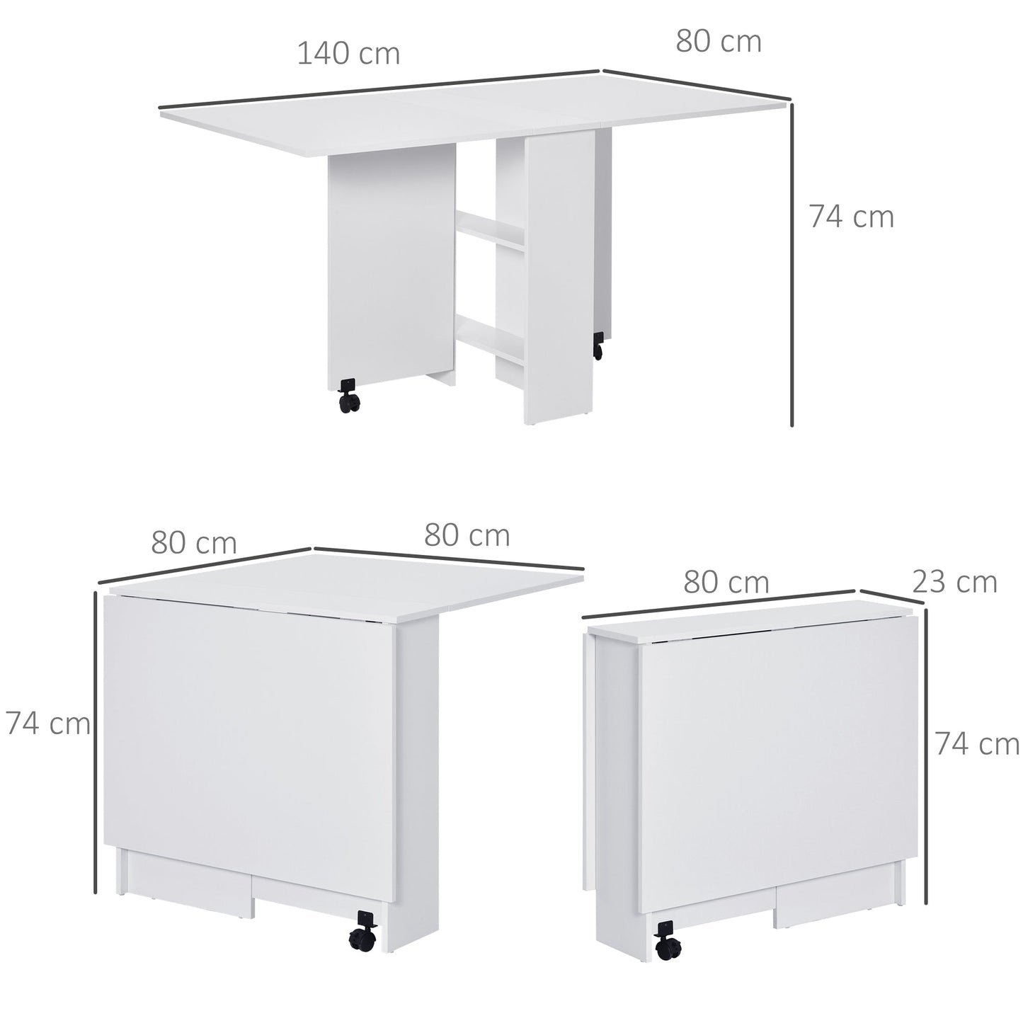 Homcom Mobile Drop Leaf Dining Kitchen Table Folding Desk For Small Spaces With 2 Wheels & 2 Storage Shelves White