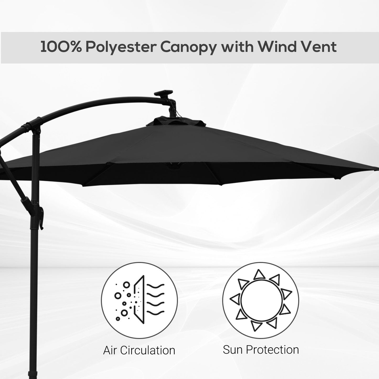 3m LED Patio Banana Umbrella Cantilever Parasol w/ Crank Cross Base Hanging Offset Umbrella Frame Steel Aluminium Garden Table Outdoor Black