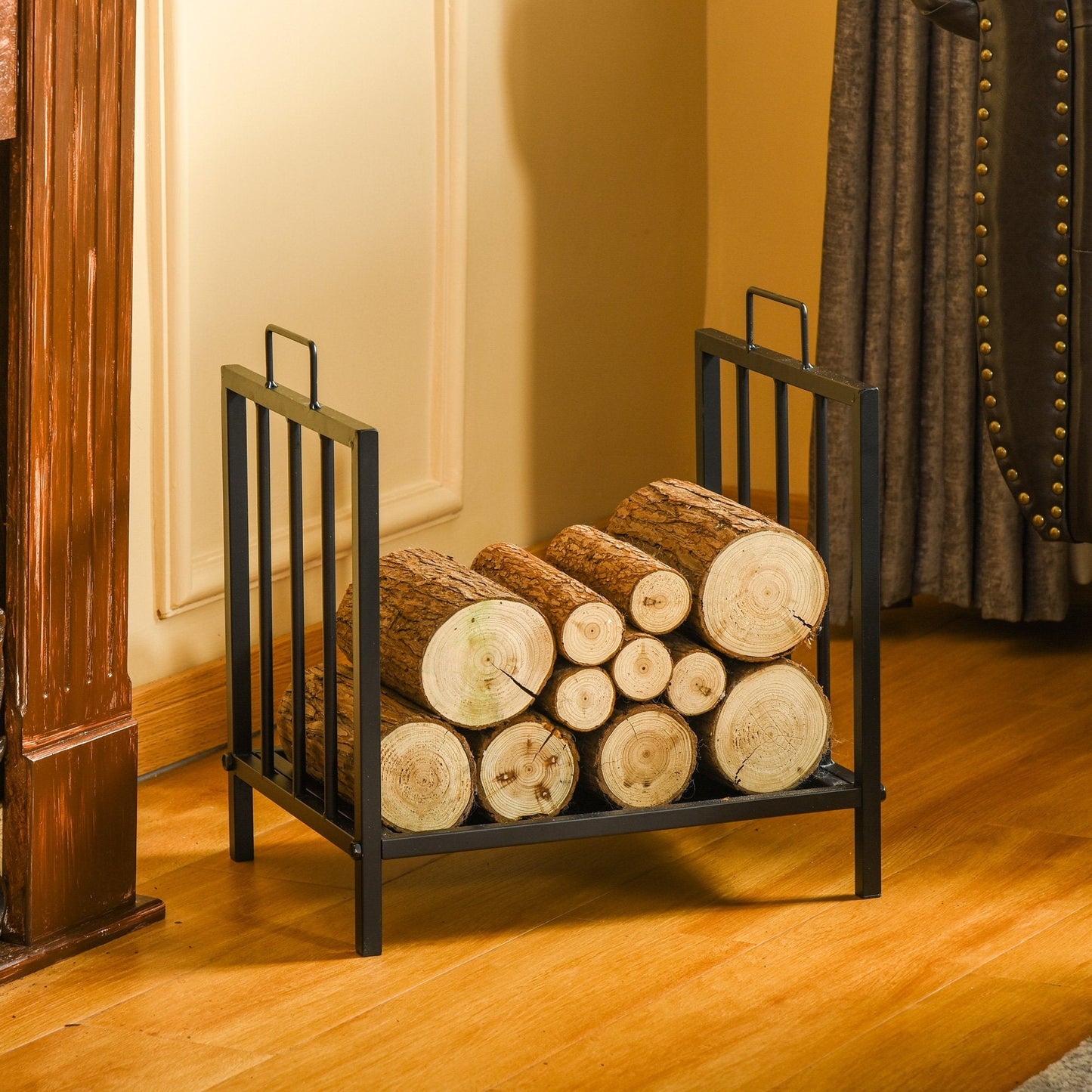 Firewood Log Rack Small Fireplace Log Holder w/ 2 Handles for Outdoor Indoor