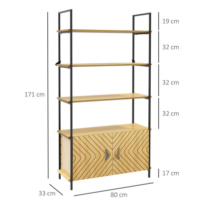 Bookcase 4-Tier Storage Shelf With Double Door Cabinet And Metal Frame For Living Room Bedroom Oak Tone