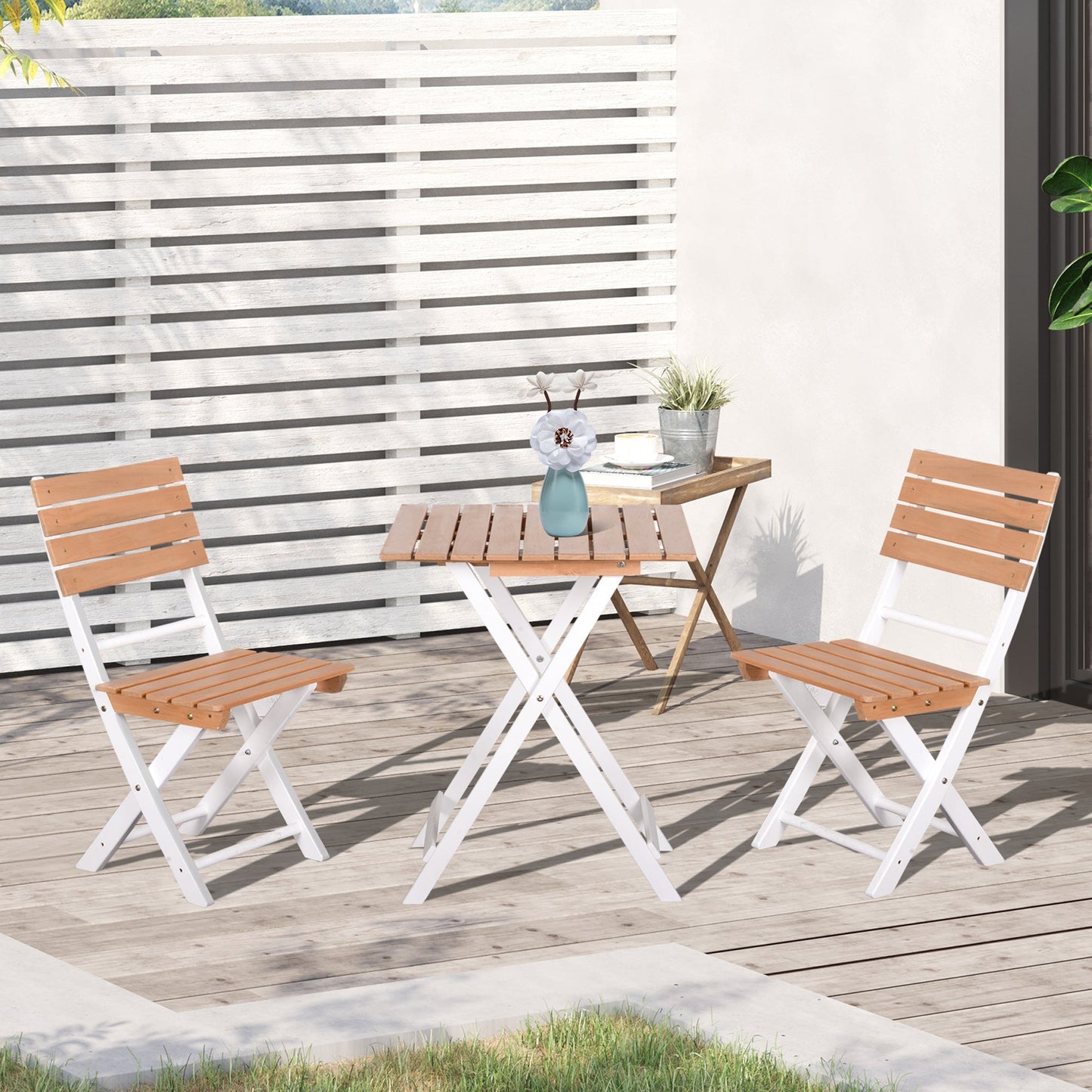 Outsunny 3 Piece Patio Bistro Set Folding Outdoor Chairs And Table Set Pine Wood Frame For Poolside Garden Natural