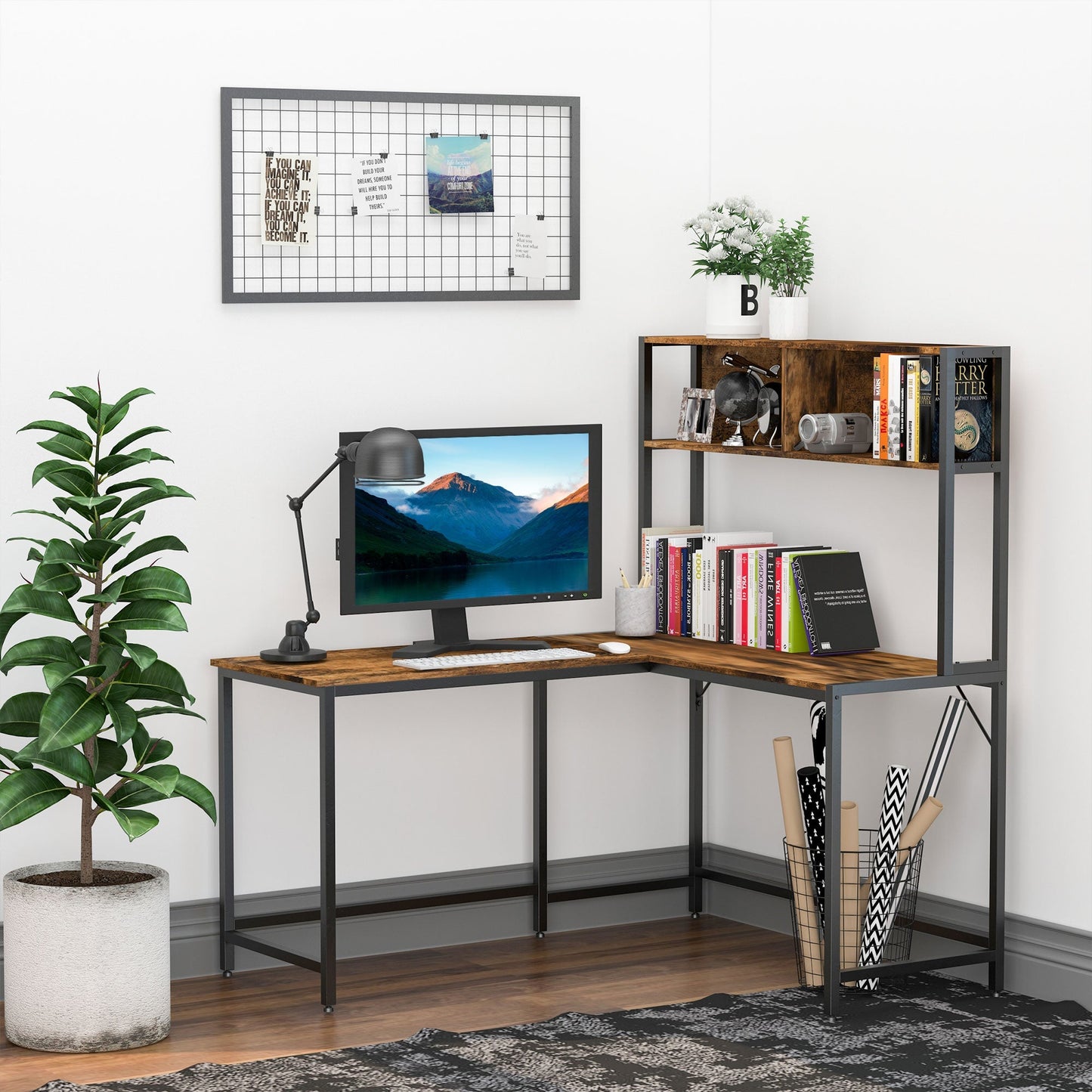 149H x 140L x 125W cm Particle Board Industrial L-Shaped Desk w Shelf - Brown & Black