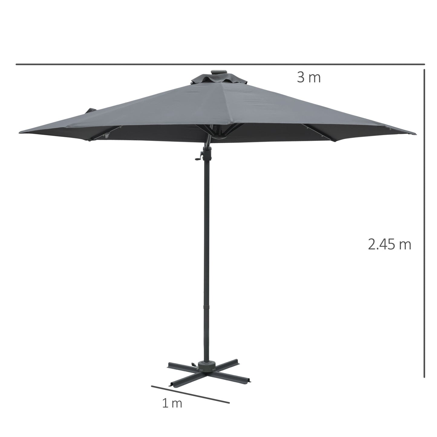 3M Cantilever Roma Parasol Patio Sun Umbrella with Crank & Tilt LED Solar Light Cross Base 360° Rotating Outdoor