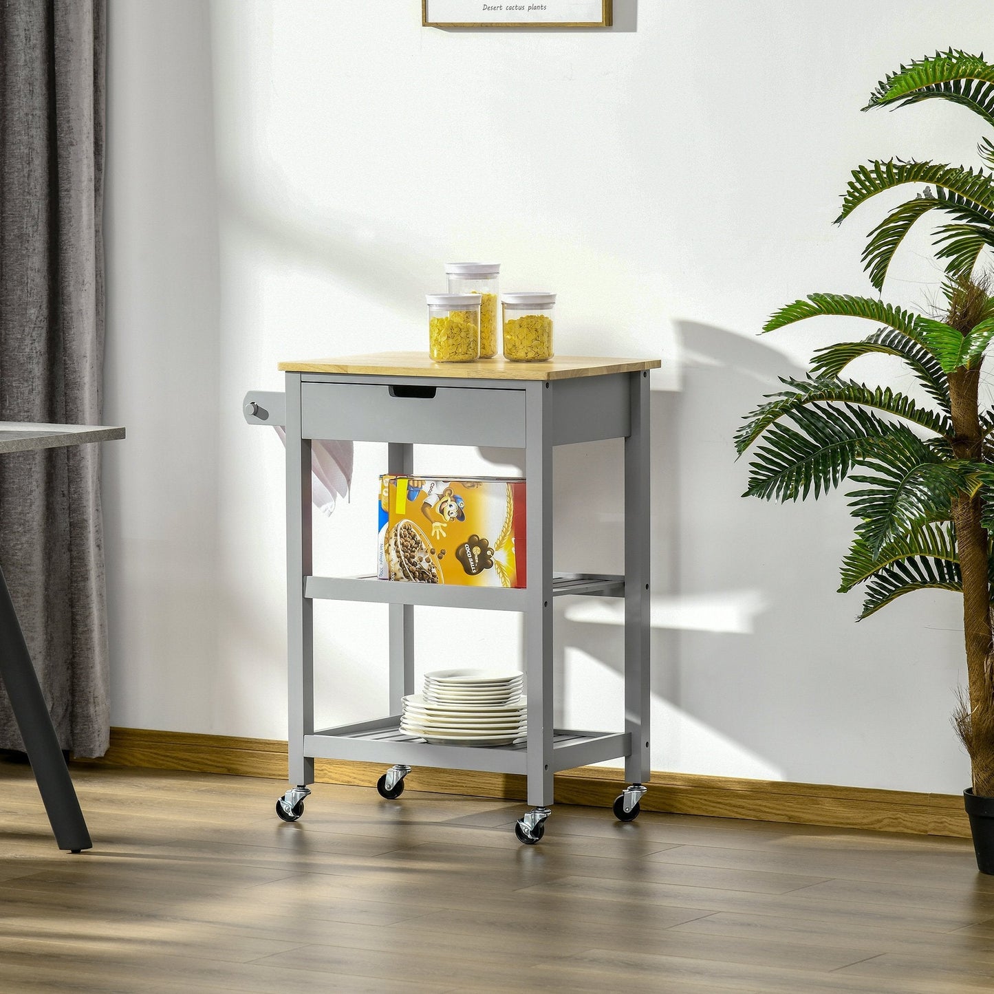 Kitchen Trolley Utility Cart on Wheels with Rubberwood Worktop