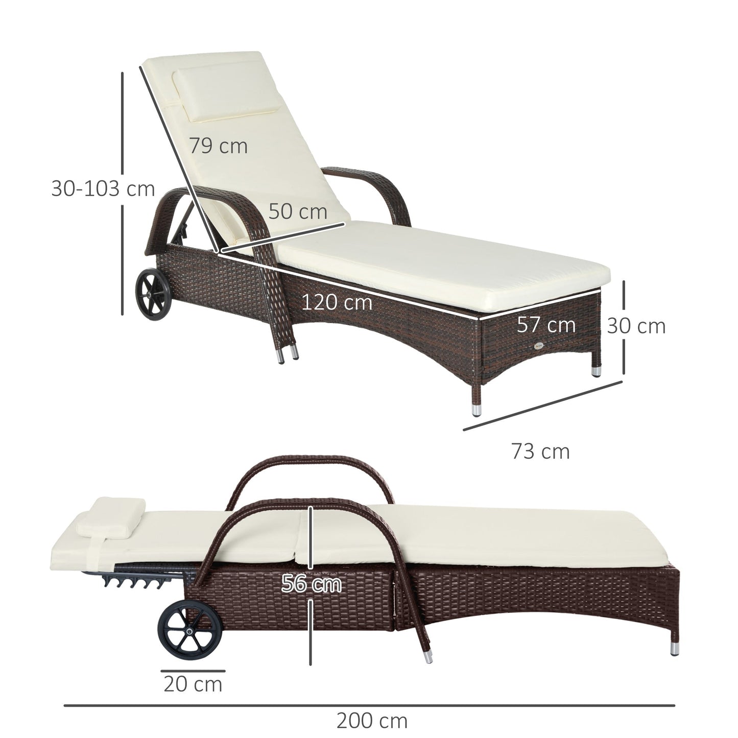 Brown Rattan Sun Lounger w/ Adjustable Steel Frame