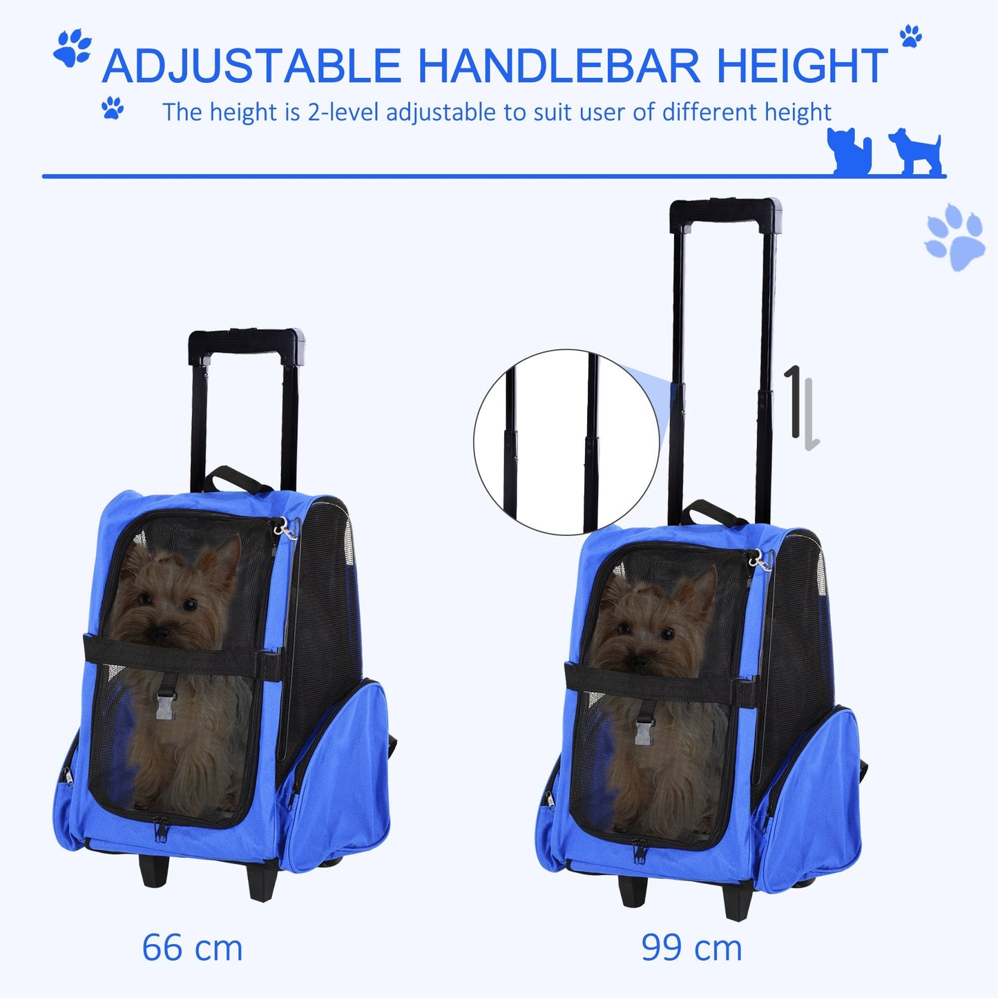 PawHut Pet Travel Backpack Bag Cat Puppy Dog Carrier w/ Trolley and Telescopic Handle Portable Stroller Wheel Luggage Bag Blue