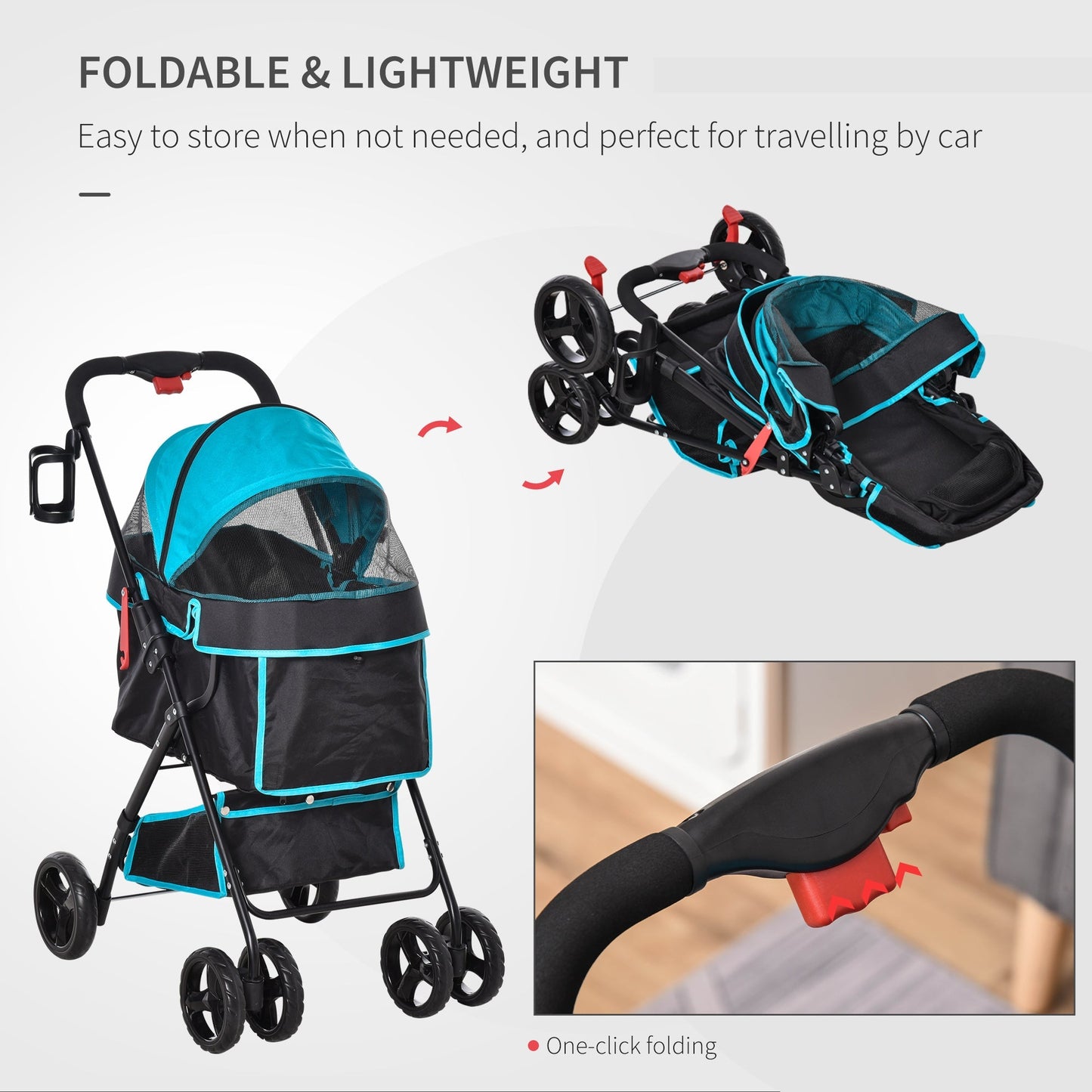 PawHut Pet Stroller Pushchair Foldable Carriage w/ Brake Basket Adjustable Canopy Removable Cloth