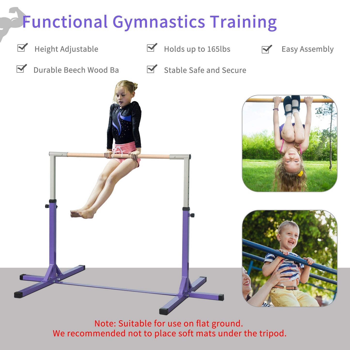 Steel Frame Adjustable Horizonal Gymnastics Bar For Kids Home Gym Training Purple