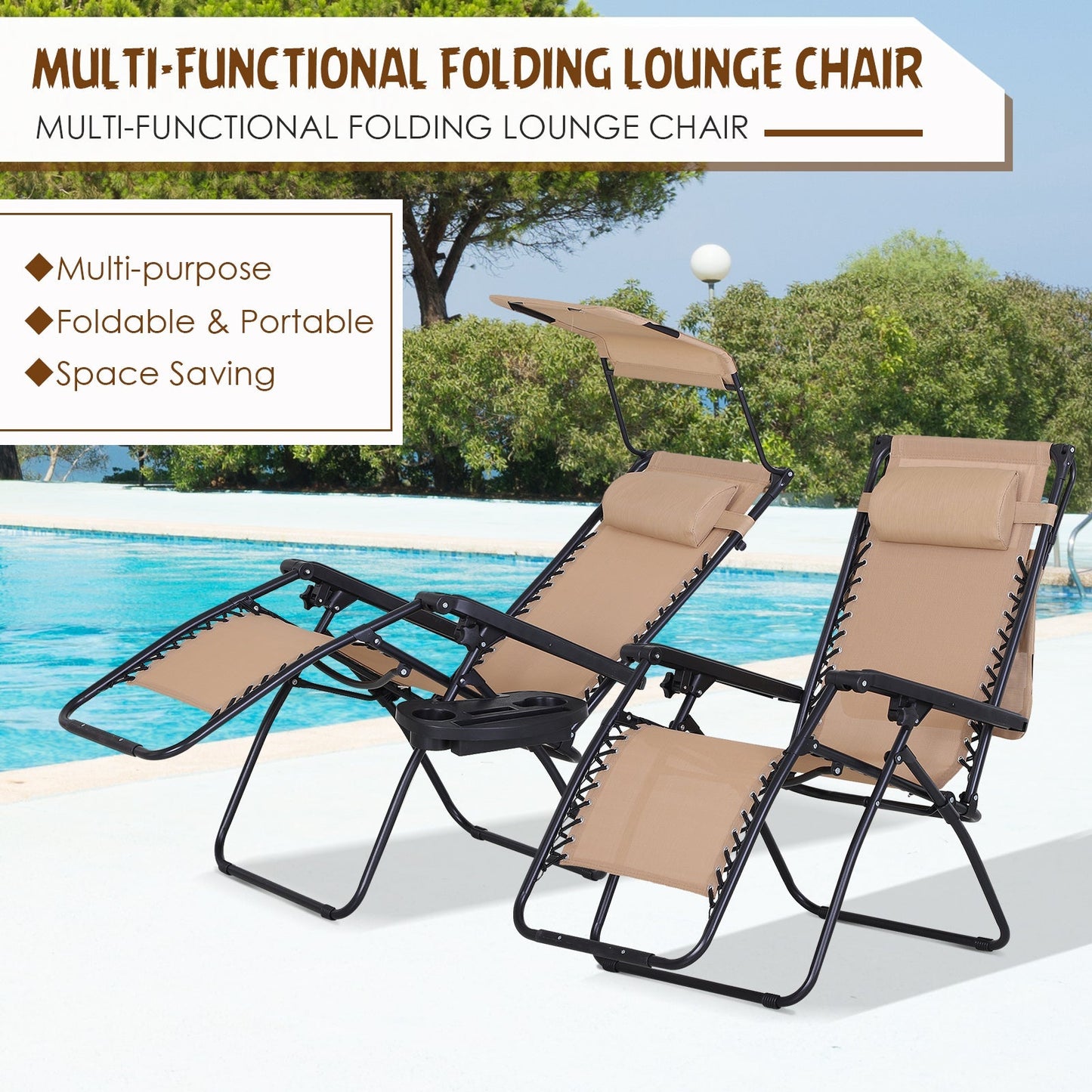 Zero Gravity Garden Deck Folding Chair Texteline Patio Sun Lounger Reclining Seat with Cup Holder & Canopy Shade - Beige