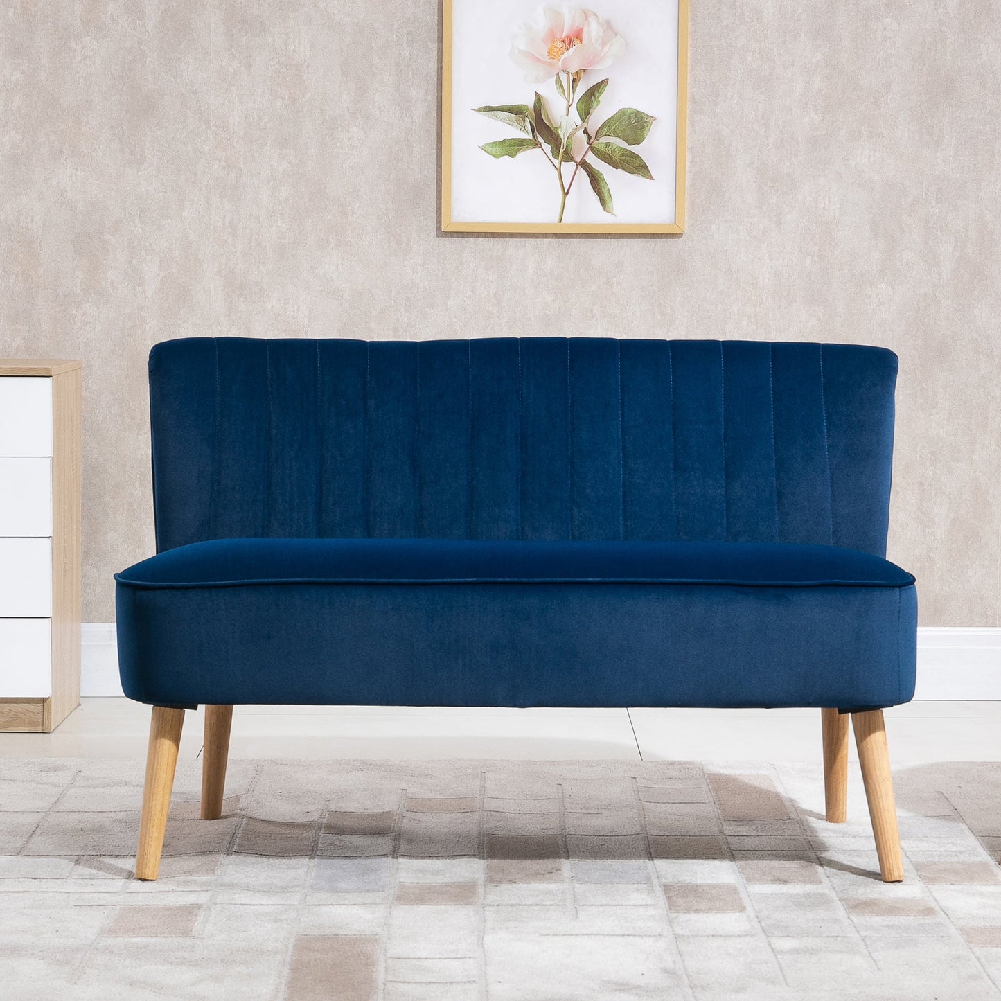 Modern Velvet Double Seat Sofa w/ Wood Frame Foam Padding High Back Soft Comfortable Compact Couch Blue