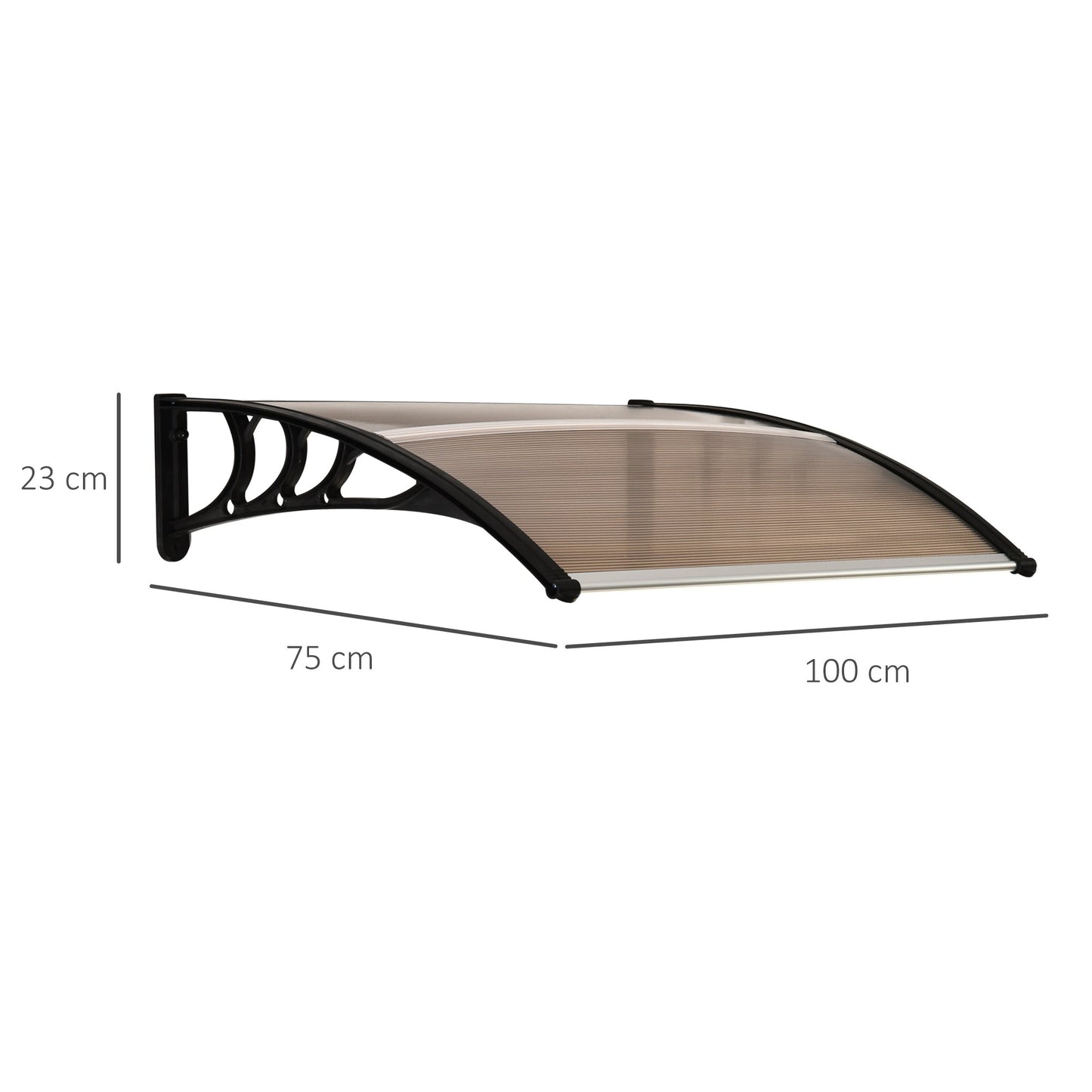 Curved Window Door Canopy Aluminium Rigid Plastic Polycarbonate Fixed Outdoor Awning Modern Design UV Water Rain Resist 100 x 75cm Brown