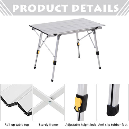 3FT Folding Aluminium Picnic Table Portable Camping Table Roll Up Top with Carrying Bag Silver