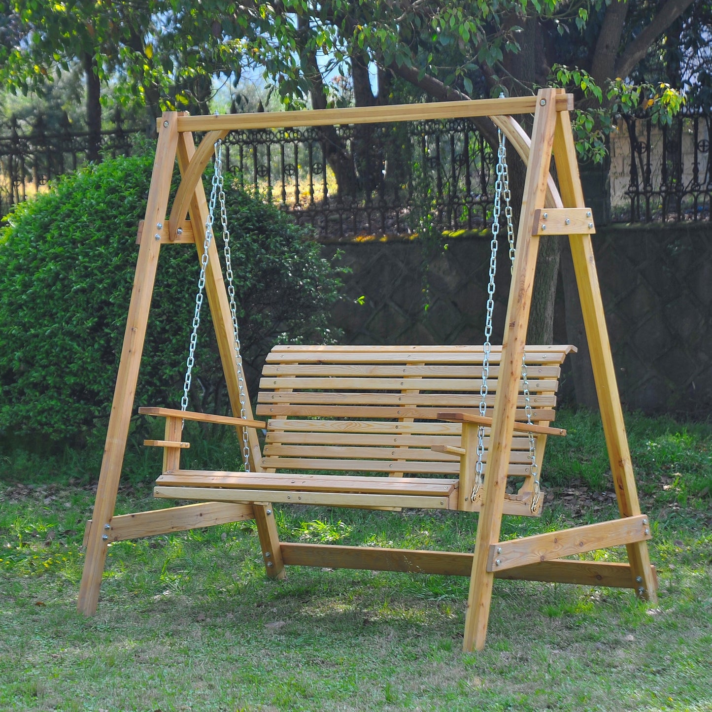 2 Seater Garden Swing Seat Larch Wood Swing Chair Hammock Bench Lounger - Nature