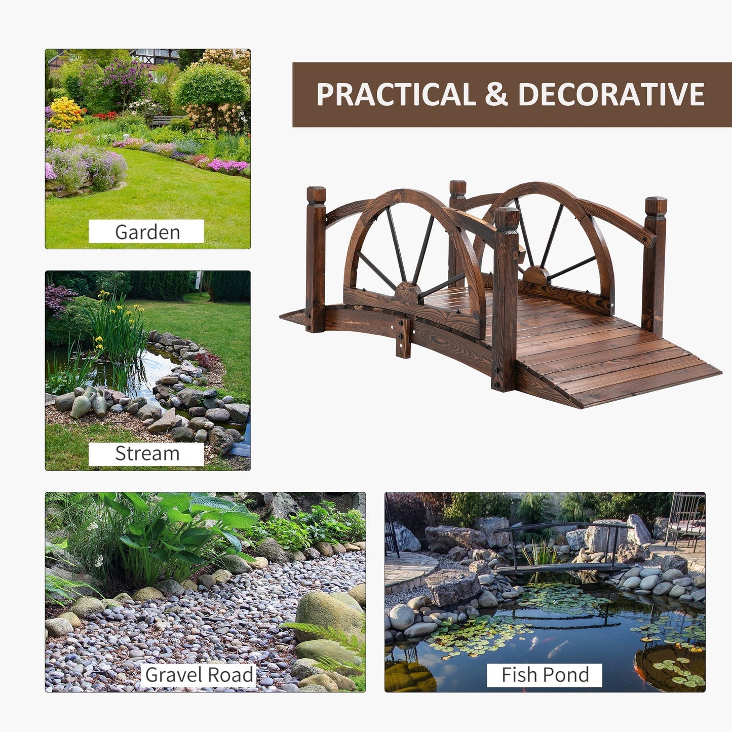 1.5M Wooden Garden Bridge Decorative Arc Footbridge with Safety Guardrail Outdoor Lawn Pond Bridge Walkway Stained Wood