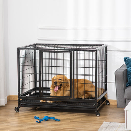 PawHut 43" Heavy Duty Metal Dog Crate Pet Cage with Tray Wheeled Dog Kennel - Black Large