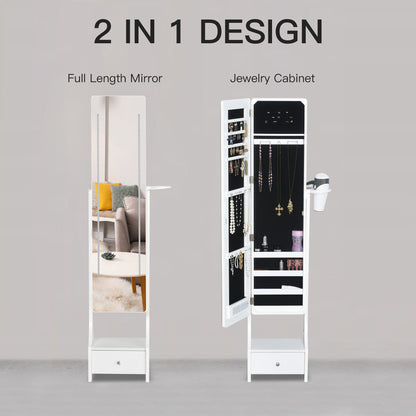 Freestanding Jewellery Cabinet Storage Mirror Armoire w/ LED Lights Hooks Drawer Hairdryer Holder Vanity Cabinet Adjustable Home Bedroom Furnishing White